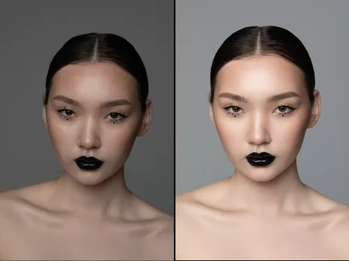 Студийный портрет девушки с черной помадой до и после профессиональной ретуши кожи